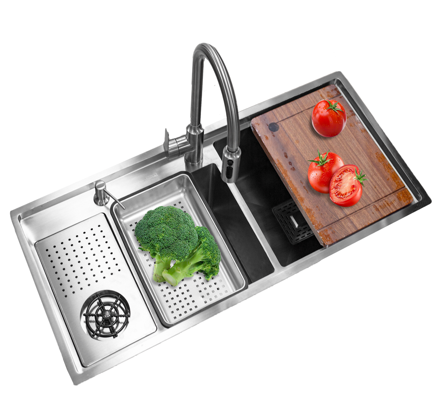 A stainless sink with a dark basin, a pull-down faucet, a perforated colander holding broccoli and a wood board with tomatoes.
